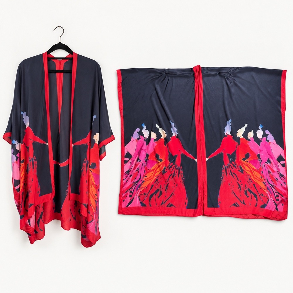 Cocoon House 100% Silk Kimono Red Navy Figurative Print Wearable Art Open Front
